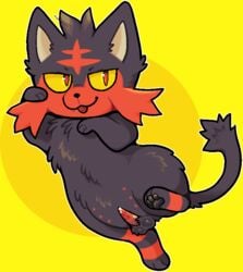 black_body black_fur bodily_fluids felid feral feralsoren fur genital_fluids genitals litten lounging male mammal nintendo nipples penile_spines penis pokémon_(species) pokemon precum simple_background small_penis solo video_games yellow_background