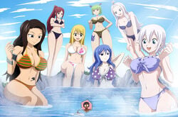 1boy bikini blonde blue_hair brandish_mew brunette cana_alberona color erza_scarlet fairy_tail giantess green_hair hot_spring juvia_lockser larger_female lisanna_strauss looking_down lucy_heartfilia macro mirajane_strauss multiple_girls partially_submerged red_hair sitting size_difference smaller_male smile standing thedaibijin thick_thighs white_hair wide_hips