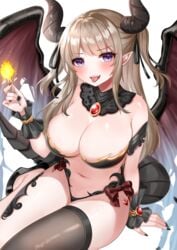 1girls bangs blush breasts brown_hair cleavage dragon_girl dragon_horns dragon_tail female horns katsushika_pachi large_breasts long_hair looking_at_viewer navel original pointy_ears purple_eyes revealing_clothes sitting solo tail thighhighs tongue wings wrist_cuffs