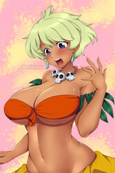 1girls 5_fingers bare_shoulders belly belly_button big_breasts blush blushing bottomwear breasts cleavage clothed clothes clothing dark-skinned_female dark_skin earring earrings embarrassed eyebrows eyebrows_visible_through_hair eyelashes female female_only green_hair huge_breasts human human_only humanoid jungle_de_ikou large_breasts lindaroze mii_(jungle_de_ikou) navel open_mouth purple_eyes solo solo_female teeth text tongue topwear watermark wide_hips