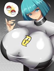 1girls alternate_breast_size bangs blue_eyes blue_hair blunt_bangs blush breasts clothed clothed_female eyelashes female female_only gigantic_breasts huge_breasts human human_only jerk_off_motion jerking jpeg light_smile looking_at_viewer nintendo norio_(pheromosa_times) poke_ball pokemon pokemon_dppt short_hair smile solo solo_female speech_bubble standing tagme teal_eyes teal_hair team_galactic team_galactic_grunt team_galactic_grunt_(female) uniform upper_body