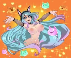 areolae blue_eyes blue_hair breasts choker fishnet_armwear fishnets headphones hearts indie_virtual_youtuber large_breasts nipples nude nude_female pink_highlights rodjim silvervale slime slime_rancher virtual_youtuber vshojo