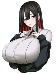 1girls big_breasts black_hair blush blushing breasts busty camui_kamui_(hz_666v) clothed clothes clothing cute dark_hair eyebrows eyebrows_visible_through_hair eyelashes female female_only hair hands_on_own_chest horny horny_female huge_breasts human human_only humanoid large_breasts light-skinned_female light_skin long_hair looking_at_viewer original red_eyes seductive seductive_smile simple_background smile smiling smiling_at_viewer solo solo_female tight tight_clothes tight_clothing tight_fit top_heavy upper_body white_background wholesome