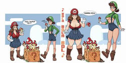 2girls 5_fingers ass_expansion big_breasts body_size_growth boots breast_expansion breasts butt_expansion cleavage clothed clothes clothing dialogue english_text expansion female female_only full_body fully_clothed genderswap gloves growth hips huge_breasts human human_only humanoid italian_text large_breasts luigi mario mario_(series) nintendo rule_63 shardanic speech_bubble standing super_mario_bros. talking text thick thick_thighs thighs white_border wide_hips