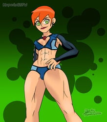 1girls abs ben_10 bikini bikini_top bra cape cartoon_network female female_only future_gwen green_eyes gwen_tennyson looking_down mapashonsfw milf muscles muscular muscular_female red_hair redhead short_hair smile smiley_face solo thick_thighs tight_clothing