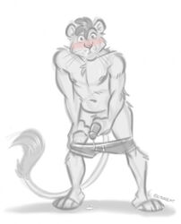 anthro blush bodily_fluids boxers_(clothing) clothed clothing cum cum_drip dripping erection felid feline felis genital_fluids hi_res leaking lion male mammal nicnak044 nipples pantherine sketch solo underwear