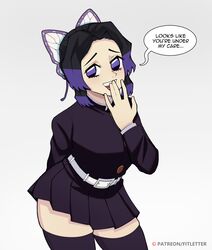 alternate_costume black_hair black_legwear black_thighhighs butterfly_hair_ornament demon_slayer dialogue english_text female female_only fitletter kimetsu_no_yaiba kochou_shinobu looking_at_viewer miniskirt pleated_skirt purple_eyes smile solo speech_bubble text thighhighs two_tone_hair uniform zettai_ryouiki