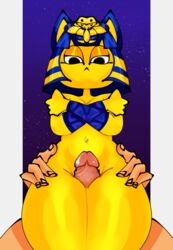 1boy 1girls absurd_res animal_crossing ankha ankha_ride_(minus8) anthro domestic_cat duo egyptian felid feline felis female female_focus genitals hi_res human_on_anthro humanoid humanoid_genitalia humanoid_hands humanoid_penis looking_at_viewer male/female male_human/female_anthro male_on_anthro mammal moonrick nintendo obscured_character penis sex thigh_sex unseen_male_face video_games villager_(animal_crossing) yellow_body