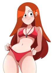 1girls abysswatchers bikini breasts cleavage disney_channel earrings female freckles gravity_falls long_hair orange_hair smooth_skin solo standing thick_thighs thighs wendy_corduroy white_background