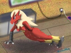 4:3 anthro ass bird_feet blaziken blubluumon blue_eyes bodily_fluids breasts claws exercise female genitals hand_behind_back hi_res nintendo pokemon pokemon_(species) push-up pussy red_body solo sweat video_games