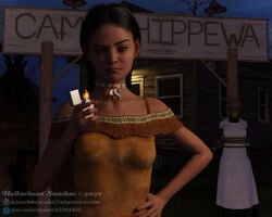 2021 2girls 3d female female_only gag goth goth_girl gothic halloween halloween_costume hellacious_sundae human human_only light-skinned_female light_skin lighter native_american night pocahontas_(cosplay) the_addams_family tied_to_pole wednesday_addams