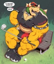 anthro armband bara big_bulge big_pecs bottomwear bowser bracelet bulge clothing collar detailed_bulge dialogue footwear golf_club green_body green_scales hair hand_on_hip hat headgear headwear heart horn jewelry koopa looking_at_another male male_only mario_(series) mario_golf muscular muscular_anthro muscular_male nintendo offscreen_character open_mouth outside pantheradraws pecs red_hair scales scalie shell shirt shoes shorts sitting_on_bench sneakers solo speech_bubble spiked_armband spiked_bracelet spiked_collar spikes sxfpantera text text_on_clothing text_on_shirt text_on_topwear text_with_heart thick_thighs topwear video_games yellow_body yellow_scales