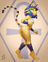 1girls 2021 animal_crossing ankha anthro ass bandeau blue_eyes blue_hair bottomless breasts butt cat_ears cat_girl cat_humanoid cat_tail catgirl curvaceous curvy curvy_female curvy_figure feline female female_only furry nintendo ringed_tail round_ass round_butt short_hair solo solo_female tail w4g4 wrapped_breasts yellow_fur