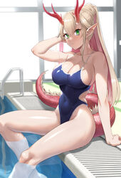 1girls absurdres arm_up bangs blonde_hair blush breasts cleavage dragon_girl dragon_horns dragon_tail female green_eyes highres horns large_breasts long_hair looking_at_viewer one-piece_swimsuit original pointy_ears pool prime sitting solo swimsuit tail wet