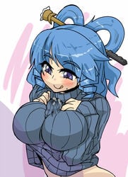 blush boobjob breasts cum cum_through_clothes cum_through_underwear disembodied_penis female human human_on_human humanoid_penis outercourse paizuri paizuri_under_clothes penis seiga_kaku sweater tongue_out touhou