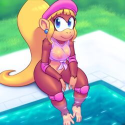 anthro dixie_kong donkey_kong_(series) female monkey monkey_girl nintendo nipples_visible_through_clothing nitro primate smile solo tagme wet_clothes wet_shirt