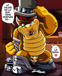 bowser bulge clothing gabshiba hat headgear headwear heart koopa male male_only mario_(series) nintendo one_eye_closed scales scalie smile solo solo_male spanish_text super_mario_odyssey text top_hat translated undressing video_games wink