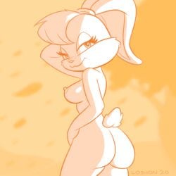 1:1 2020 anthro ass big_butt biped breasts digital_media_(artwork) eyelashes female fur hair half-closed_eyes hi_res lagomorph leporid lola_bunny looking_at_viewer looney_tunes loshon mammal monochrome narrowed_eyes nipples nude orange_background orange_theme outside rabbit simple_background sketch smile solo tree tuft warner_brothers