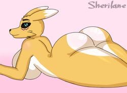 animated anthro ass bandai_namco big_breasts breasts canid canine digimon digimon_(species) digital_media_(artwork) female fur looking_at_viewer mammal nude renamon shaking_butt sherilane simple_background smile solo tailless video_games yellow_body