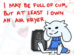 air_fryer anthro bodily_fluids bottomless cave_story clothed clothing cum cum_in_pussy cum_inside cum_on_ground english_text female fur genital_fluids humor lagomorph looking_at_viewer machine mammal meme mimiga ponporio_(artist) reaction_image scar shitpost sitting smile solo sue_sakamoto sweat sweater text topwear video_games white_body white_fur