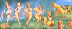 <3_eyes absurd_res all_fours ass bendzz big_butt bite blue_eyes breasts brown_hair canid canine crouching ears_up female feral fox fur genitals hair heart hi_res human human_to_feral humanoid_genitalia humanoid_pussy leg_markings male mammal markings nipples nude orange_body orange_fur pussy snout socks_(marking) solo species_transformation surprise towel transformation wide_hips