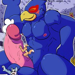 1:1 anthro avian ball_crush bird blush bodily_fluids canid canine canis erection falco_lombardi fizzyjay fox fox_mccloud genital_fluids genitals group growth hi_res inside macro male male_only mammal micro muscular muscular_male nintendo penis precum star_fox video_games wolf wolf_o'donnell worship