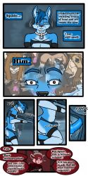 ♠ 1:2 2020 9:18 anthro biped canid closed_eyes cobalt_(tatsuchan18) collar comic detailed_background dialogue english_text fur genitals group hair hi_res male mammal open_mouth penis sitting spade_(tatsuchan18) speech_bubble standing suit_symbol tatsuchan18 text trio