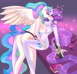 absurd_res alicorn anthro anthro_on_anthro ass big_breasts breast_size_difference breasts dildo equid equine female female/female friendship_is_magic hi_res horn kissing mammal my_little_pony princess_celestia_(mlp) rarity_(mlp) sex_toy straight_hair strap-on unicorn wings xjenn9 yuri