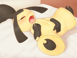 bed bodily_fluids breasts female fingering furniture genitals hi_res lying masturbation mawaifu mawile nintendo on_back on_bed pokemon pokemon_(species) pussy saliva saliva_string small_breasts solo vaginal_penetration video_games