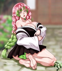 7th-heaven bangs bare_shoulders barefoot big_breasts blush braided_hair cleavage clothing demon_slayer female female_only freckles green_eyes haori kanroji_mitsuri kimetsu_no_yaiba long_hair looking_at_viewer mole_under_eye no_bra off_shoulder open_mouth panties pink_hair soles solo sweat two_tone_hair very_long_hair