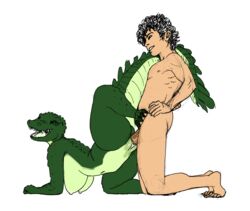 all_fours alligator alligatorid anthro areola big_breasts biped bodily_fluids breasts crocodilian doggy_style dripping duo erection female female_on_human foot_on_crotch from_behind_position genital_fluids genitals hanging_breasts hi_res human human_on_anthro interspecies kneeling male male/female male_on_anthro mammal nipples nude penetration penile penile_penetration penis penis_in_pussy pussy pussy_juice pussy_juice_drip raised_leg realius reptile scalie sex simple_background vaginal_penetration vaginal_penetration