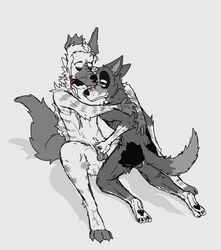 anthro ass balls bodily_fluids canid canine canis domestic_dog duo embrace fingering_sheath genital_fluids genitals hi_res hug hyaenid leaning_on_another licking licking_another licking_partner male male/male mammal precum precum_on_finger rear_view ricthecusco size_difference skinny striped_hyena tongue tongue_out