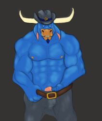 anthro belt blue_body blue_fur bovid bovine bulge caribounose erection fur genitals holding_penis looking_at_viewer male mammal penis rape_face solo the_dakota_dude wild_west_c.o.w.-boys_of_moo_mesa