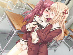 2girls blonde_hair blush bow classroom closed_eyes desk dress dress_lift dutch_angle female fingering flat_chest game_cg groping hair_ribbon hand_under_shirt long_hair matsubara_yuuna multiple_girls oda_nanami panties peko pink_hair pink_panties ribbon school_uniform seifuku serafuku sono_hanabira_ni_kuchizuke_wo tears thighhighs tied_hair twintails underwear uniform yuri zettai_ryouiki