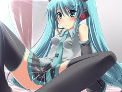 aqua_eyes aqua_hair cum female hatsune_miku legs long_hair miniskirt nagami_yuu necktie skirt thighhighs tied_hair twintails very_long_hair vocaloid