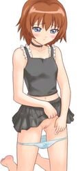 bare_shoulders barefoot blush brown_hair clothing grey_eyes kaleido_star kneeling masturbation midriff panties panty_pull pussy rosetta_passel skirt skirt_lift underwear