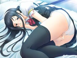 bed black_eyes black_hair black_legwear black_thighhighs blush censored clothed_masturbation clothing covering covering_face covering_mouth endure_to_moan game_cg hairband hand_over_own_mouth kotoshiro_misao long_hair ma_wo_jutai_seshi_otome_no_kuetsu masturbation panties pillow pussy_juice ribbon school_uniform serafuku skirt solo stockings thighhighs underwear wet_panties white_panties