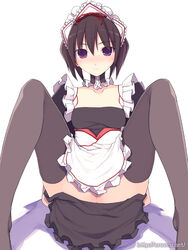 blush brown_hair brunette clothing cruccu maid no_panties pointy_chin purple_eyes pussy short_hair spread_legs thighhighs uniform