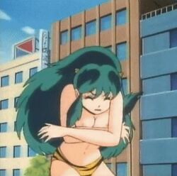 1girls 80s accurate_art_style animated animated_gif assisted_exposure bikini blue_eyes breasts canonical_scene cap demon_girl enf female green_hair horns humanoid light-skinned_female light_skin long_hair lowres lum monster_girl nipples oni oni_girl oni_horns pointy_ears princess screencap screenshot swimsuit tiger_print urusei_yatsura yo-yo yoyo