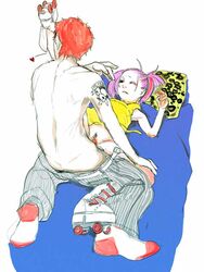 bottomless couple female human kissing leg_kiss male pink_hair pubic_hair roller_skates ryuko_azuma sex shijuuhatte skates sketch straight tattoo tied_hair traditional_media twintails uncensored