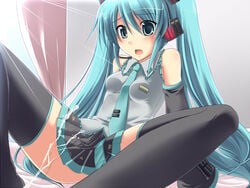 aqua_eyes aqua_hair female hatsune_miku long_hair miniskirt nagami_yuu necktie skirt thighhighs tied_hair twintails very_long_hair vocaloid