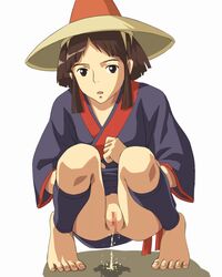 1girls barefoot breasts brown_eyes brown_hair censored female hat human japanese_clothes kaya_(princess_momonoke) kimono light-skinned_female light_skin orga peeing princess_momonoke pussy short_hair solo squat squatting studio_ghibli