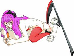 blood couple dead death feet lowres male_death necrophilia nude purple_hair reverse_cowgirl_position ribbon ryuko_azuma scythe sex sex_from_behind shijuuhatte sketch thighhighs traditional_media