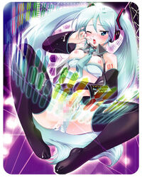 anko_koubou bra bra_pull censored female hatsune_miku lingerie long_hair masturbation mosaic nipples panties panties_aside striped thighhighs tied_hair twintails underwear very_long_hair vocaloid wink