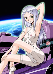 arm_up breasts flat_chest gundam gundam_00 hand_behind_head long_hair long_legs nipples pussy see-through silver_hair skinny soma_peries umedama_nabu uncensored yellow_eyes