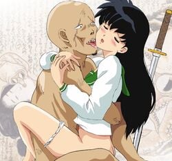 1boy 1girls 2002 ass bald black_hair blush bottomless butt_crack closed_eyes hug inuyasha kagome_higurashi katana leg_lock leg_wrap licking long_hair lotus_position male monster old_man older_man_and_teenage_girl older_penetrating_younger open_mouth panties panties_around_leg panties_around_one_leg photo_background scar scars school_uniform schoolgirl seifuku serafuku sex shirt sitting_on_lap sitting_on_person straight sword teenage_girl tsukiyo_no_ribbon ugly_man weapon white_panties