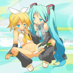 2girls censored female hatsune_miku kagamine_rin kamiyoshi long_hair mosaic_censoring multiple_girls penetration pussy pussy_juice spring_onion thighhighs tied_hair twintails very_long_hair vocaloid yuri