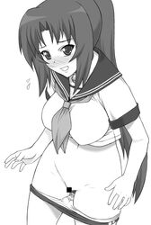 07th_expansion buruma buruma_pull censored higurashi_no_naku_koro_ni mion_sonozaki monochrome panties panty_pull pussy_juice pussy_juice_trail school_uniform serafuku shichimenchou underwear