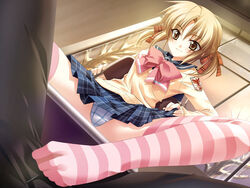 blonde_hair desk feet femdom footjob footjob_over_clothes footjob_with_footwear footjob_with_legwear footwear game_cg mashiro_botan panties pantyshot ribbon school school_uniform serafuku shiraishi_yukana socks striped striped_legwear striped_thighhighs thighhighs tied_hair twintails underwear uniform upskirt yellow_eyes