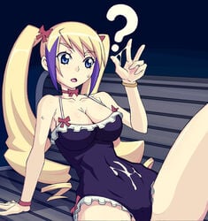 ? blonde_hair breasts caryo cleavage cum cum_on_belly cum_on_body cum_on_clothes cum_on_upper_body dragonaut jacqueline_baumario_grantold large_breasts long_hair nanashino ribbon tied_hair twintails